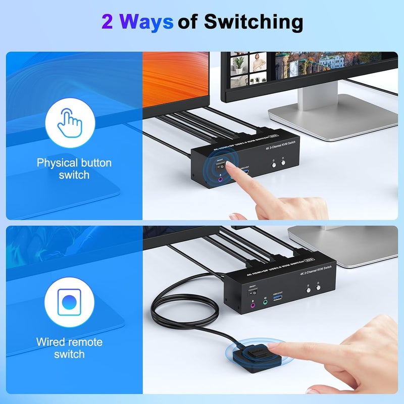 TaiLaiEra 4K KVM Switch 3 Monitors 2 Computers Triple Monitor Displayport and 2 HDMI USB 3.0 KVM Switches 4K@60Hz,Support Extended/Mirror Mode Share 3 USB 3.0 Ports with Desktop Controller, Adapter Included - Image 4